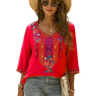 drakloak Bluse Stickerei Damen Boho Oberteile Tunika Folklore Hippie Blusen Bohemian Kleidung(328 RD M) - M