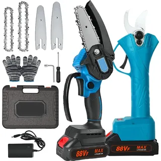 21V 4/6 Zoll Elektro-Kettensäge und 25mm Akku Astschere Cordless Gartenschere Set Akku-Kettensäge Mini-Kettensäge Elektro Astschere