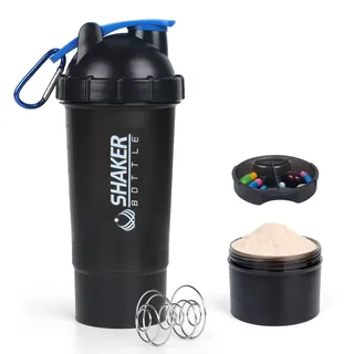 XTKS Eiweiß Shaker 500ml,Protein Shaker Flasche mit kugel & pulverfach,Auslaufsicherer shaker becher für Proteinshakes,Tragbarer Shaker Proteinshake mit Aufbewahrung,BPA-frei Fitness shaker (Blau)