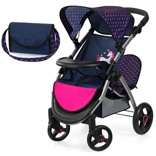 Bayer Design 39454AA Zwillingspuppenwagen, Puppenwagen, Geschwisterwagen, höhenverstellbar, klappbar, Tasche, Blau, Rosa, Einhorn