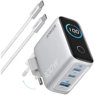 Anker 100W USB C Ladegerät, kompaktes 3-Port GaN Wandladegerät, Smart Display, Touch-Steuerung, Für MacBook, iPad, iPhone 17/16/15 Serie (USB-C Kabel inklusive)