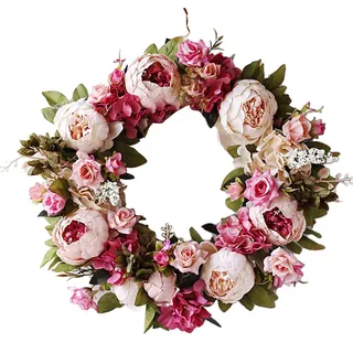 Hilai Türkränze, Künstliche Türkranz Deko, künstliche Blumen Pfingstrose Kranz Pfingstrose Blumen Springkranz für Haustür Hochzeit Wohnkultur Rosa Blume Vordere Türkränze Für Frühling und Sommer