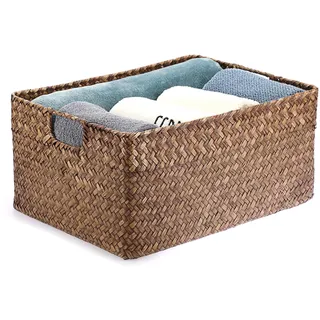 IGNPION Aufbewahrungskorb aus Seegras, für Wohnzimmer, dekorative Körbe, gewebter Weidenkorb, Handtuchkorb, rechteckig, Badezimmer-Aufbewahrungsbox, Regale und Schreibtische