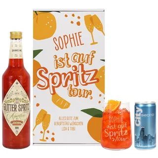 Herz & Heim® Frauen-Geschenkset ..ist auf Spritztour - mit 0.7l Glitter Spritz, gravierten Glas, Secco-Dose und Geschenkbox/mit Wunschtext & -Name