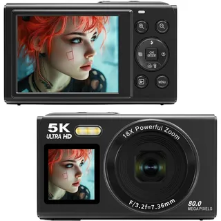 Sxhlseller 5k Digitalkameras für Fotografie, Dual Bildschirm 80MP UHD WiFi Vlogging Camera, 18x Digital Zoom Auto Focus & Eingebaute Flash, Kompakte Reisebereich Camara für YouTube Anfänger (32GB)