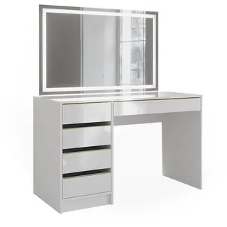 Vicco Schminktisch Sherry Weiß Hochglanz Gold 120 x 75 cm 5 Schubladen LED-Spiegel