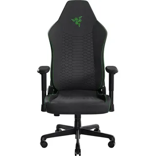 Razer Iskur V2 X - Gaming-Stuhl mit integrierter Lendenwirbelstütze (hochverdichtete Schaumstoffpolster, 2D-Armlehnen, weicher Stoff) Stoff Schwarz Gaming Stuhl, Schlangenlogo in Razer Green