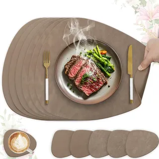 HELI MIAO 6er Set Tischset aus Leder-Imitat,Platzsets abwaschbar und wasserdicht,Platzdeckchen Lederoptik mit Untersetzer,Tischuntersetzer Doppelseitigen rutschfest(Oval,braun)