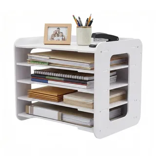 awolsrgiop Briefablage 5-Fach PVC-Holz-Verbundplatte, 34x25x26.5cm Dokumentenablage mit Abdeckung, Stabile Schreibtisch Organizer für A4 Dokumente und Bürobedarf, Weiß