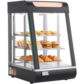 Vevor 3-stöckige Wärmetheke 57 L, Warmhaltevitrine 800 W, Warmhaltetheke 30–85 °C, Speisenwärmer mit LED-Beleuchtung & Verstellbaren Ablagen, Speisevitrine für Hamburger Pizza Brot Brathähnchen