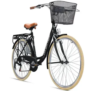 bergsteiger Cityrad Paris 26 Zoll, 28 Zoll Damenfahrrad, ab 140 cm, Korb, Licht, 6 Gang Shimano Tourney RD-TZ50 Schaltwerk, Kettenschaltung, V-Bremsen schwarz 51 cm