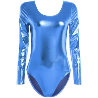 TiaoBug Damen Glänzend Ballettanzug Langarm Ballett Trikot Tanz Body Metallic Turnanzug Gymnastikanzug Dancewear Hellblau S - S