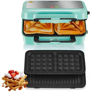 Sandwichmaker 3 in 1, 1200W Waffeleisen/Kontaktgrill/Sandwichtoaster, 5-Gang-Temperaturregelung, Antihaftbeschichter Plattensets, Wärmeisoliertem Griff, Spülmaschinengeeignet, LED-Leuchten, Blau