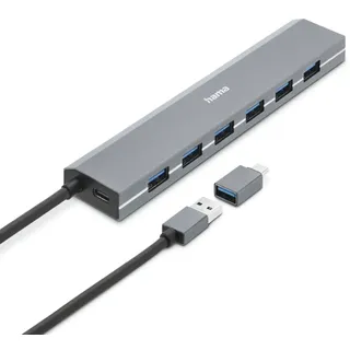 Hama 7 Ports USB 3.2 Gen 1-Hub (USB 3.0) mit Netzteil, 7X USB-A für Maus, Tastatur, Externe Festplatte, USB-Stick etc., Aluminium-Gehäuse, USB-Adapter für Büro, Home Office)