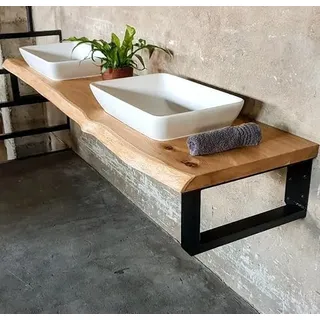 MyTimber® Waschtischplatte aus Eiche Massivholz | 4cm Starke Eichenbohlen | Ideal für Aufsatzwaschbecken | Baumkante oder gerade Kante (Baumkante - gespachtelt & geölt, 180x50cm)