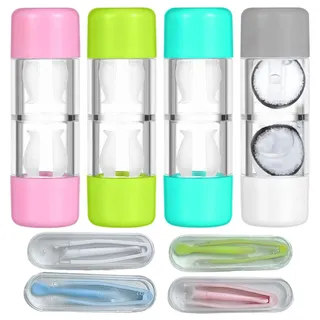 SNONESIY 4 Stück Kontaktlinsenbehälter-Reiseset für Harte Linsen,Tragbarer Linsenbehälter mit Reinigungsbehälter,Kosmetischer Linsenbehälter Halterbox,für Täglichen,Reisen Gebrauch,mit Klemmstange