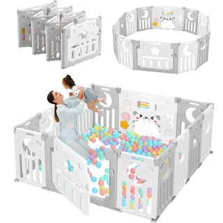 Dripex Laufstall Baby faltbar 150x150x62cm (14 Paneele) mit Spielboard, Laufgitter Baby, Kinderlaufstall & Babyzaun aus strapazierfähigem Plastik, Playpen für Innen & Außen, Grau