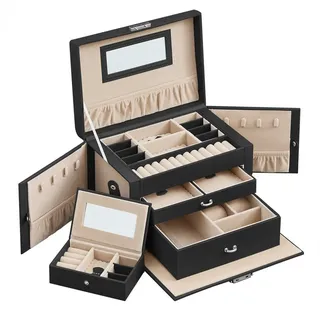 SONGMICS Schmuckkasten 3 Ebenen, 2 Schubladen, tragbare Mini-Box für Reisen, 18,2x26x17,4 cm, mit Griff, abschließbar, PU-Bezug in schwarz, Innenfutter in Sandbeige schwarz