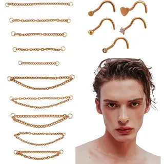 NICENEEDED 15 Stück Nasenkette Nasenstecker Set Goldfarbene Nasenkette Für Nasenlöcher Nasenpiercing Schmuck Nasen Quaste Ring Ohrstecker