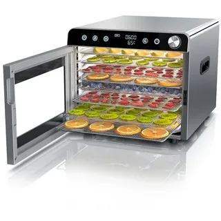 Arendo Dörrautomat Edelstahl, Temperaturregler von 30° bis 85°C, Dörrgerät, Dehydrator, 700 W, 8 Etagen, Obst, Fisch, Fleisch Dörrapparat, Obsttrockner, Timer 0,5-24 Stunden schwarz|silberfarben