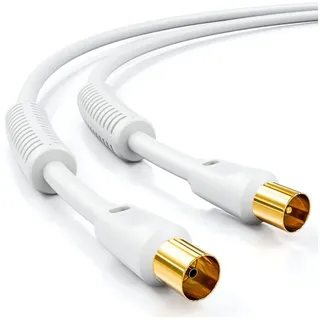 deleyCON 2m TV Antennenkabel (IEC-Stecker auf IEC-Kupplung) Koaxial Kabel HDTV 4-fach Schirmung 2x Ferritkern Mantelstromfilter DVB-T DVB-T2 Radio DAB - Weiß
