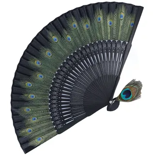 Spanische Fans, Großer Fächer, Grüner Fächer, Faltfächer, Schwarze Knochen, Wunderschönes Pfauenmuster, Antiker Bambus-Handfächer für Performance, Kleidung, Dekoration,
