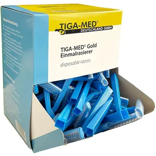Tiga-Med Einmal-Rasierer | 100 Stück | einschneidig | sehr scharf | blau | in praktischer Spenderbox | Griff aus Polystyrol | Einwegrasierer Einmalrasierer