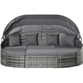 Outsunny 4-teilige Rattan Sonneninsel Sitzgruppe Liegeinsel mit Sonnendach, 4 Kissen für Garten, Balkon Metall Grau 230 x 145 x 80 cm