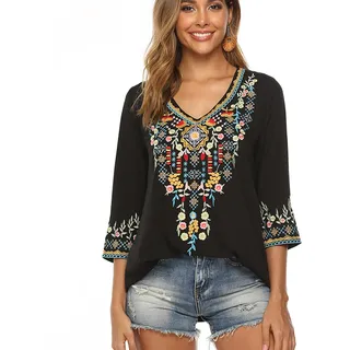 drakloak Bluse Stickerei Damen Boho Bestickte Oberteile Tunika Folklore Hippie Blusen(054 BK 3 XL) - 3XL