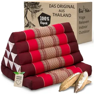 Livasia Thaikissen 1 Auflage - 75x50x8cm - Dreieckskissen mit Sitzkissen, Keilkissen mit Kapok, Rückenkissen faltbar, Thaimatte zum Klappen, handgefertigt, Meditationskissen (Rubinrot)
