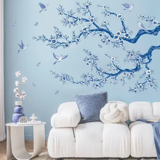 SHUCHING Wandtattoo Baum Ast Blaue Groß, Wandsticker Blumen Blaue, Selbstklebend Wandaufkleber für Wohnzimmer Schlafzimmer Sofa Hindergrund