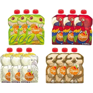 Set mit 12 wiederverwendbaren 130-ml-Quetschbeuteln | Amazonie-Kollektion | Für Babys, Kinder und Erwachsene | Für Kompott, Püree und Smoothies | Hergestellt in der Schweiz und Frankreich | Squiz