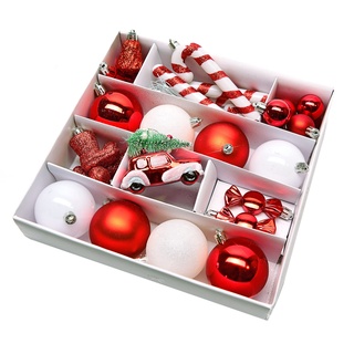 Kunststoff Christbaumschmuck Set rot weiß - 30 Teile - Weihnachtsbaum Deko Anhänger - Kugeln Glocke Bonbon Stiefel Zuckerstange Auto Tannenbaum Christbaum Schmuck