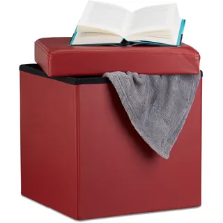 Relaxdays Faltbarer Sitzhocker, Sitzcube mit Stauraum, Fußablage, Sitzwürfel aus Kunstleder, HBT 38x38x38 cm, dunkelrot