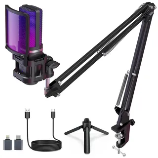 zealsound USB Gaming Mikrofon für PC Mac iPhone mit RGB/Mute/2 Adapter & 2 Ständer(USB-C & Lightning Adapter, Stativ & Boom), Plug & Plug PC Mic für Podcast, Streaming Twitch YouTube auf Windows PS5