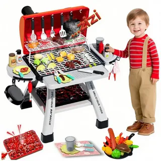 CLTYQ Kinder-Küchenset Kinder-BBQ-Grill-Spielzeugset mit Rauch-, Ton- und Lichtsimulation, Camping-Kochen, interaktives Spielzeug, Kinder-Grill Chef(63 Artikel)