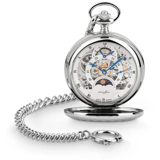 Hermann Jäckle Taschenuhr "Calw" Skelett-Design, Handaufzug, Mineralglas, mit extra starker Kette & Reiseetui – Made in Germany, 50 mm silberfarben
