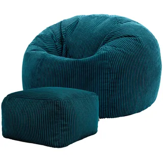 I.C.O.N. Icon Sitzsack mit Hocker Cord, Blaugrün, Sitzsack Erwachsene mit Füllung, Bean Bag, Cord Sessel, Lounge Sessel, Lounge Stuhl, Schlafzimmer, Wohnzimmer, Wohnzimmer Möbel