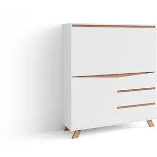 byLIVING Sekretär VALENTIN / Sekretär matt weiß mit Absetzung in Eiche-Optik / Office-Schrank mit 1 Tür und 3 Schubkästen / Scandi-Style / Gri... - Weiß/Braun