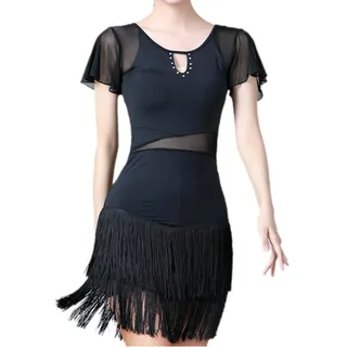 Leeonway Damen Strass Latein Tanzkleid mit Fransen, Tanzkostüm Latein Tanz Trikotkleid, Tango Modern Turnierkleid, Für Ballsaal Salsa Samba Tango