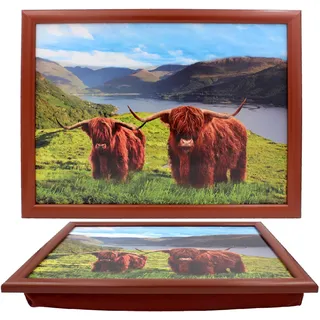 The Leonardo Collection Highland Cow Knietablett zum Servieren und Frühstück, Bequeme Knietabletts mit Kissen, langlebiges Lebensmitteltablett zum Essen auf dem Schoß, Mehrzweck-Knietabletts für