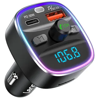 LENCENT Bluetooth 5.4 FM Transmitter Auto Adapter 48W [PD 30W & 18W] [7 Farben Licht] [Schnelles Aufladen] Kabelloser Radio Adapter für Musik und Freisprecheinrichtung, unterstützt USB-Laufwerk
