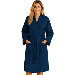 Morgenstern Bademantel Damen Leicht 100% Baumwolle Waffelstoff Waffelpique Waffelmuster Paula Oeko Tex Standard Marineblau M - M