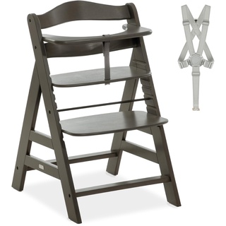 hauck Alpha+, Charcoal - Mitwachsender Holzhochstuhl aus Buche für Kinder ab 6 Monaten bis 90 kg - Inklusive 5 Punkt Gurt, Schrittgurt, Schutzbügel - Kompatibel mit viel Zubehör