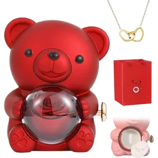 Eunmsi Engraved Heart Necklace with Real Rose Bear Giftbox,Preserved Rose Hug Bear Gifts for Women,Preserved Rose Gifts Set,Eternal Rose Flowers Flip Bear Jewelry Box,for Women's gifts (Red)