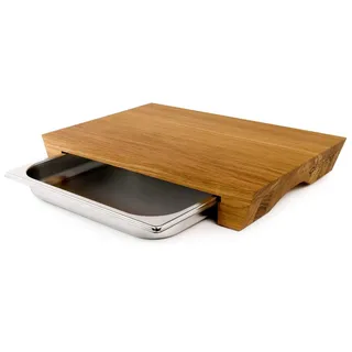 cleenbo Schneidebrett mit Auffangschale - Profi Holz Küchenbrett aus Eiche - 43 x 29 x 7 cm, Holz, Antibakteriell, Holzbrett mit Auffangschale aus Edelstahl braun