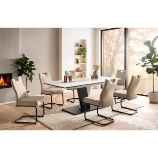 OTTO home Essgruppe OTTO HOME "Altona", Esstisch ausziehbar plus 6 Stühle, TOPSELLER", weiß, beige, beige, schwarz, Microfaser, Synchron-Auszug, Sitzmöbel-Sets, Essgruppe, Säulentisch 140-180x90 cm, Stuhl mit Federkorb, 140 kg belastbar