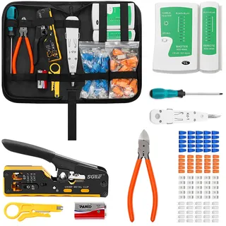 SGILE Crimpwerkzeug-Set RJ45, Werkzeug Paket für Cat5 Cat6 Cat7, Durchgangs-Abisolier und Schneidwerkzeug, Ethernet-Kabel-Wartungssets, Kabeltester, Cat5/6/7, 25 Stecker, für Computer-LAN-Kabel