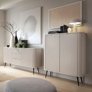 Lomadox Wohnzimmer Set modern Kaschmir Cashmere beige mit Rillen gerillt Sideboard Highboard Füße Metall in schwarz