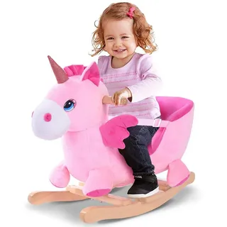 Bakaji Schaukeleinhorn , Schaukeltier Plüsch Schaukel Wippe Pferd Einhorn Kinder Baby Spielzeug , Sound-Geräusche , inkl. Sicherheitsgurt , Balancetraining